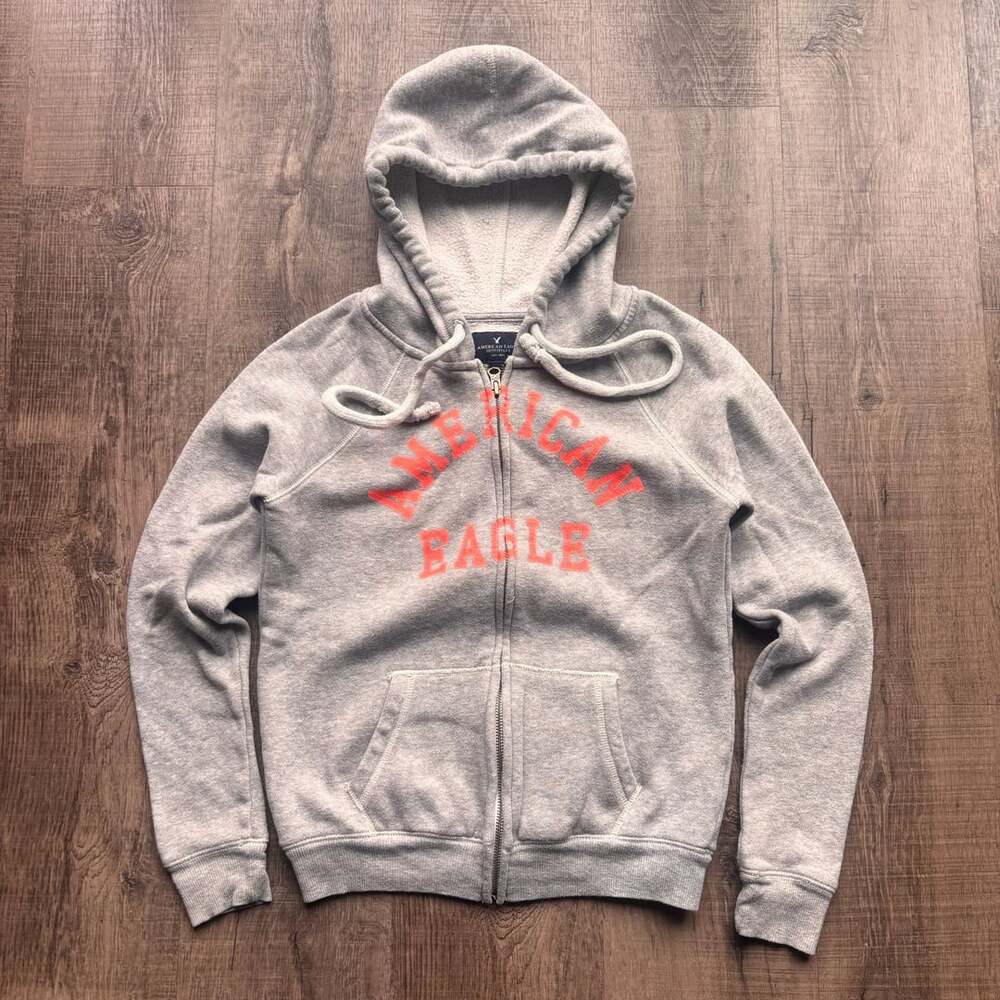American Eagle Outfitters Gray Full Zip Graphic Hoodie Sweatshirt